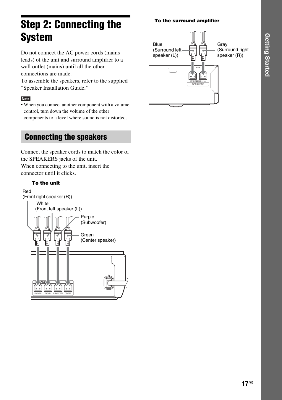 Step 2: connecting the system, Connecting the speakers, E 17) | Ge tting star te d | Sony BDV-N890W User Manual | Page 17 / 68