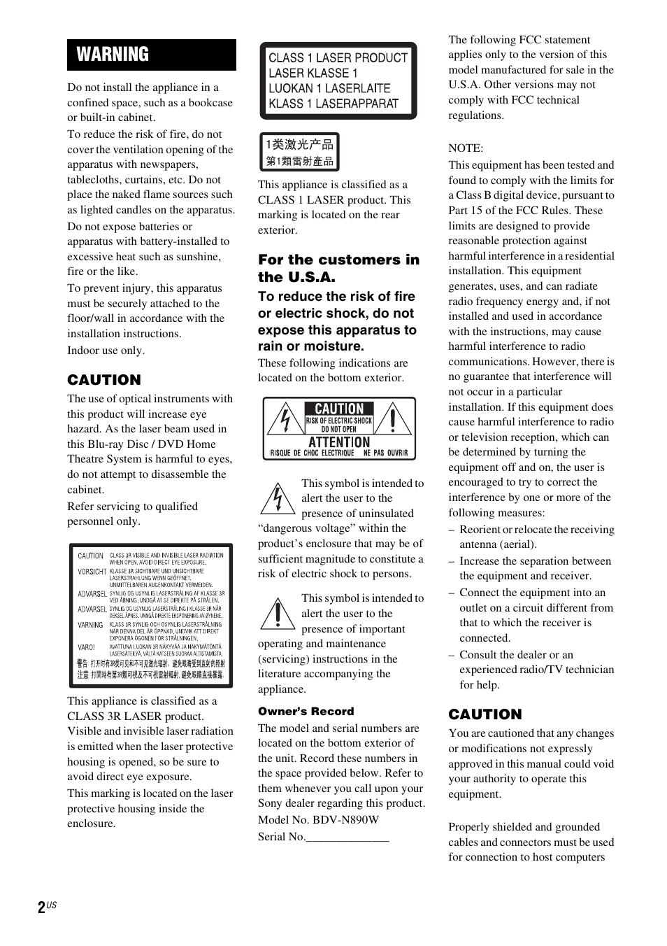 Warning | Sony BDV-N890W User Manual | Page 2 / 68