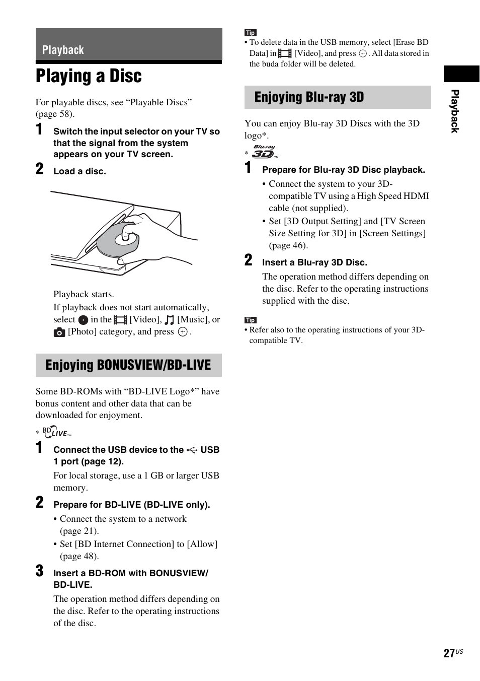 Playback, Playing a disc, Enjoying bonusview/bd-live | Enjoying blu-ray 3d, E 27), Es 27, Enjoying bonusview/bd-live enjoying blu-ray 3d | Sony BDV-N890W User Manual | Page 27 / 68