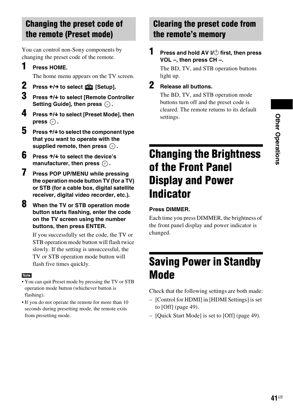 Clearing the preset code from the remote’s memory, Saving power in standby mode, Changing the brightness of the front | Panel display and power indicator | Sony BDV-N890W User Manual | Page 41 / 68