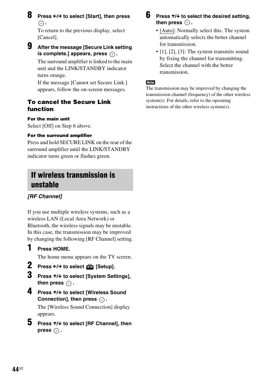 If wireless transmission is unstable | Sony BDV-N890W User Manual | Page 44 / 68