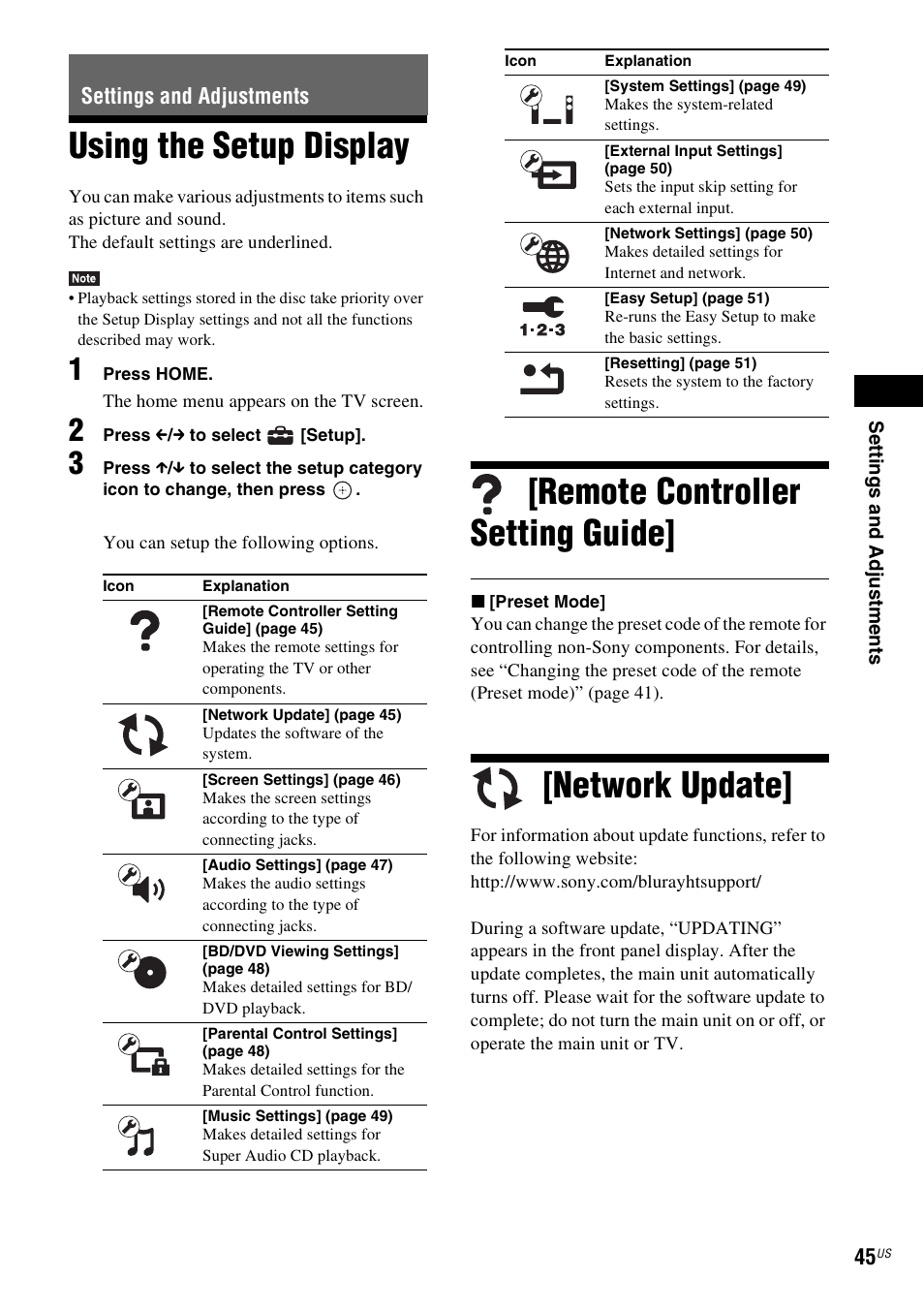 Settings and adjustments, Using the setup display, Remote controller setting guide | Network update | Sony BDV-N890W User Manual | Page 45 / 68