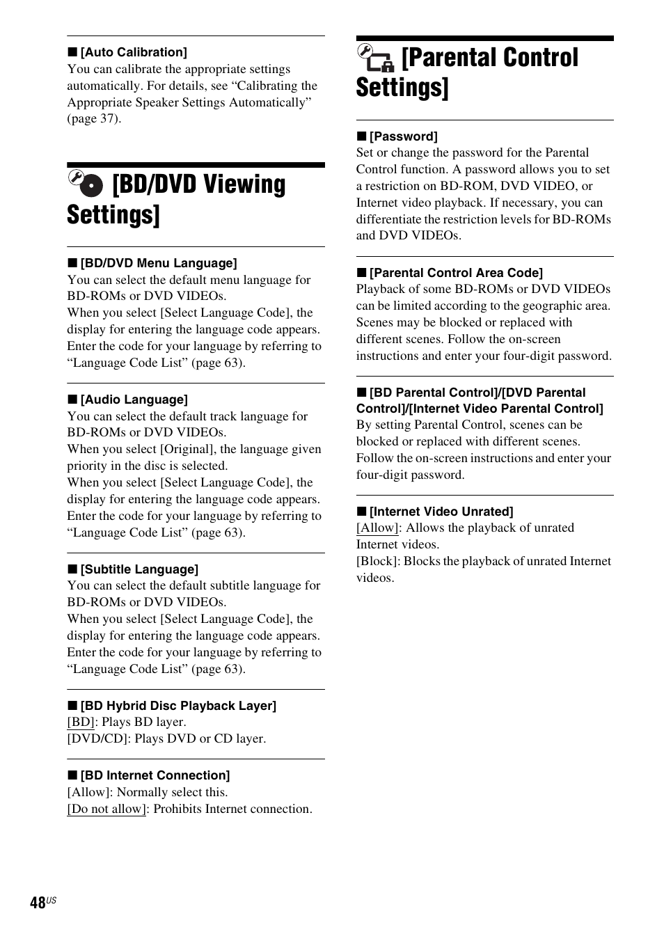 Bd/dvd viewing settings, Parental control settings | Sony BDV-N890W User Manual | Page 48 / 68