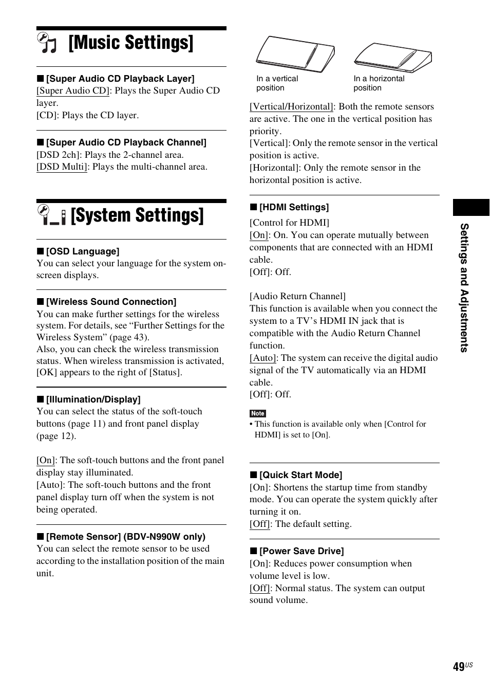 Music settings, System settings, Music settings] [system settings | Sony BDV-N890W User Manual | Page 49 / 68