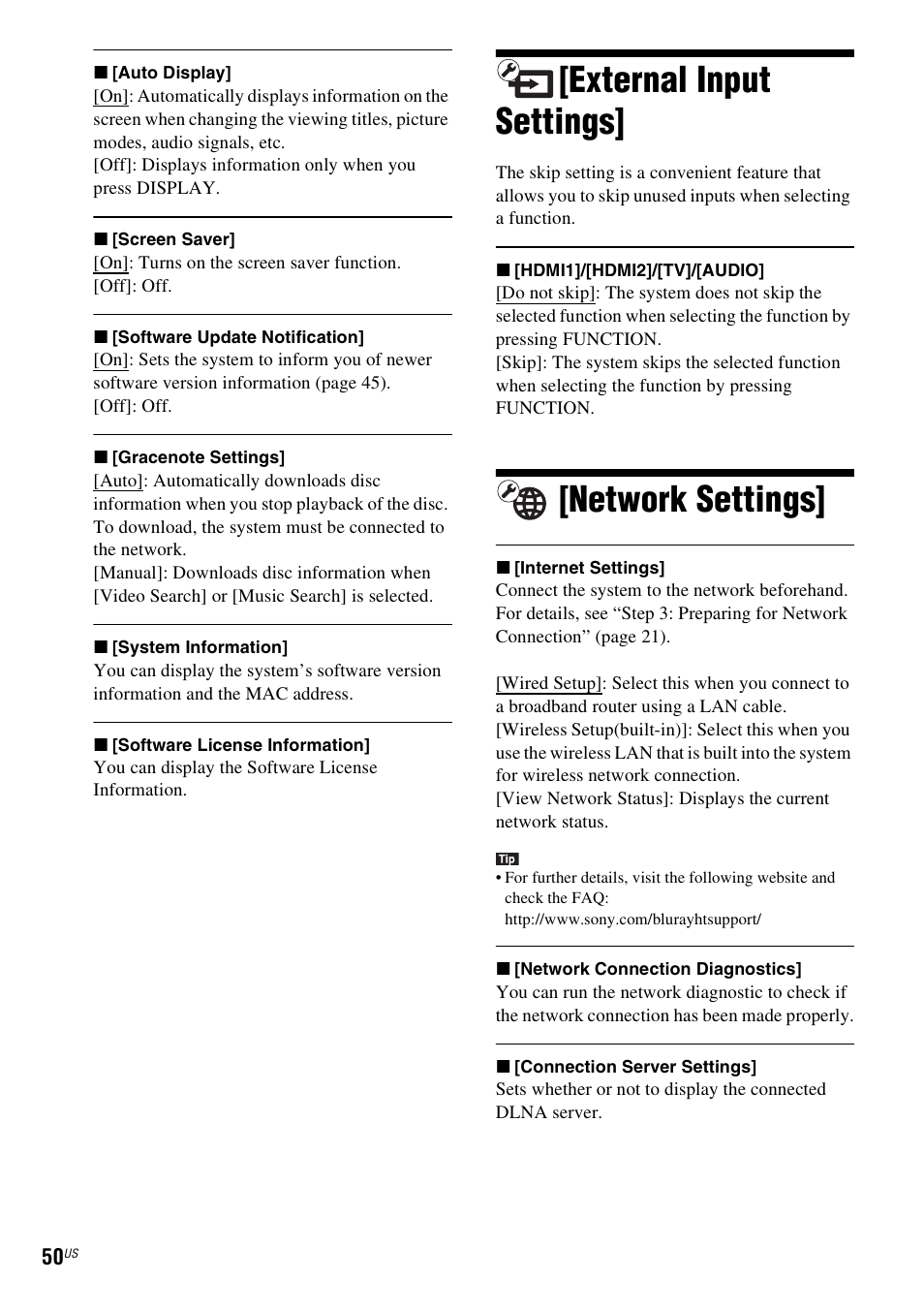 External input settings, Network settings, External input settings] [network settings | Sony BDV-N890W User Manual | Page 50 / 68