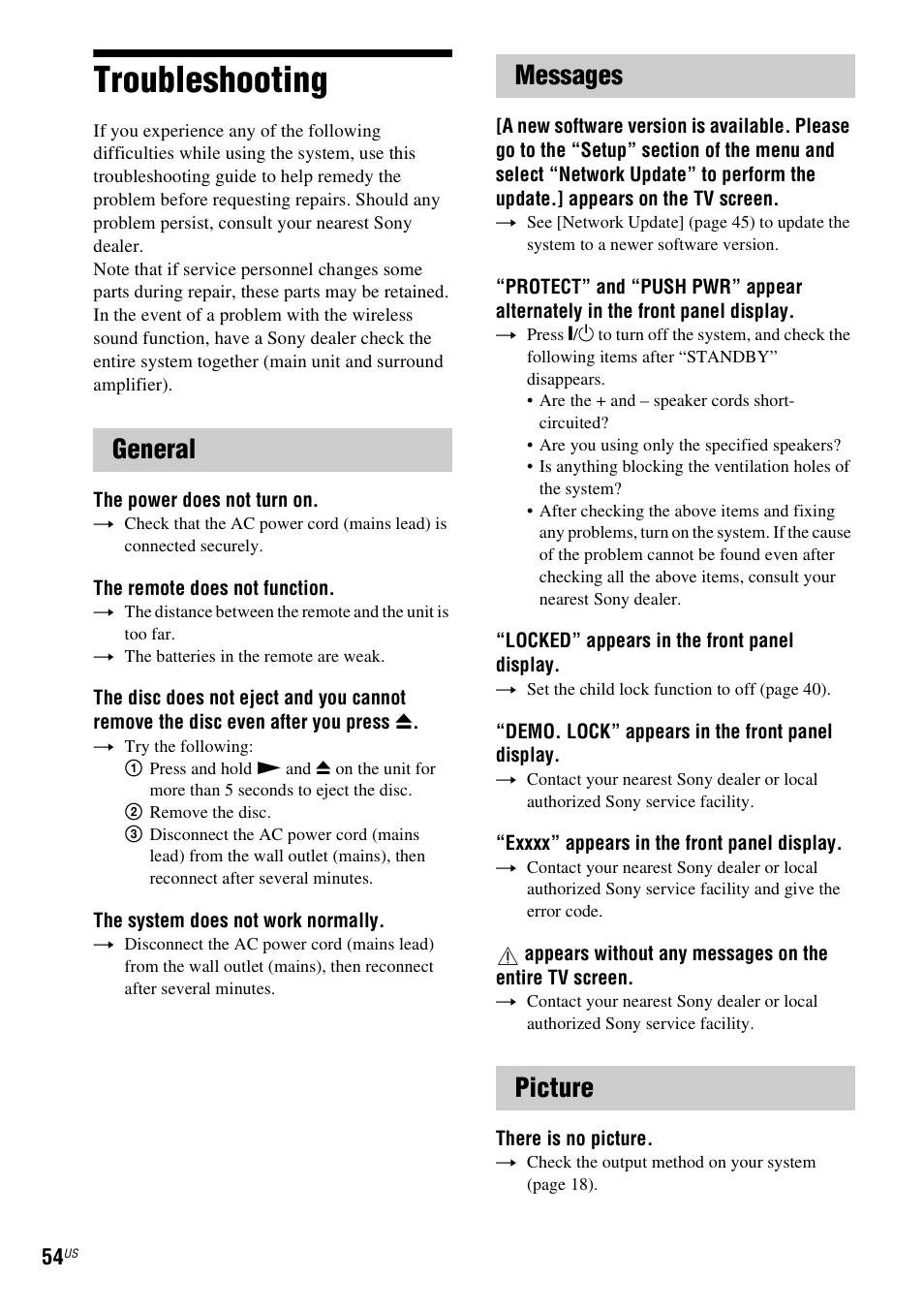 Troubleshooting, General, Messages | Picture, General messages picture | Sony BDV-N890W User Manual | Page 54 / 68