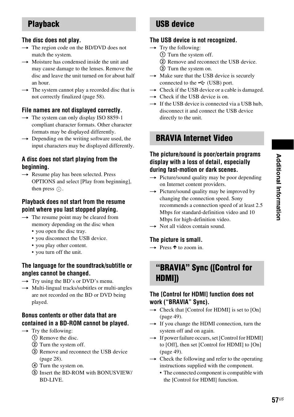 Playback, Usb device, Bravia internet video | Bravia” sync ([control for hdmi]) | Sony BDV-N890W User Manual | Page 57 / 68