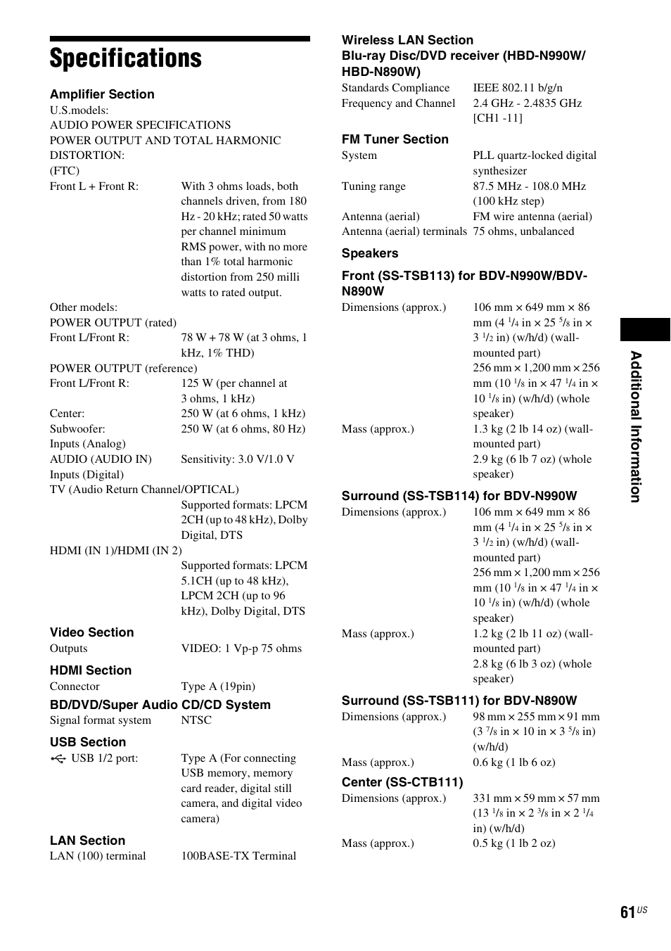 Specifications, Ad dit iona l inf o rma tion | Sony BDV-N890W User Manual | Page 61 / 68