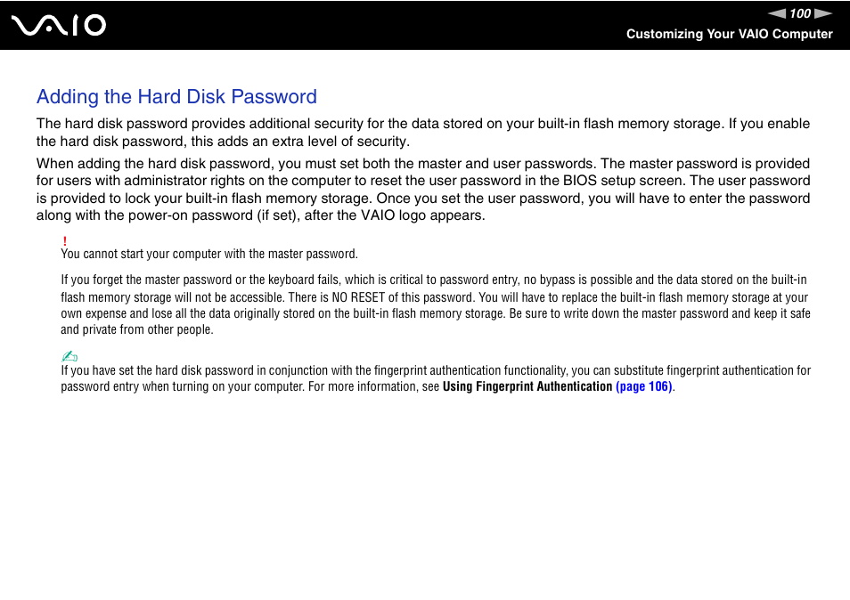 Adding the hard disk password | Sony VGN-UX490N User Manual | Page 100 / 196