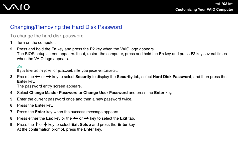 Changing/removing the hard disk password | Sony VGN-UX490N User Manual | Page 102 / 196