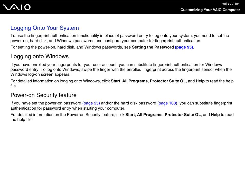 Logging onto your system, Logging onto windows, Power-on security feature | Sony VGN-UX490N User Manual | Page 111 / 196