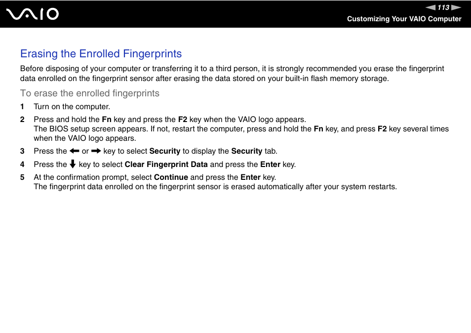 Erasing the enrolled fingerprints | Sony VGN-UX490N User Manual | Page 113 / 196