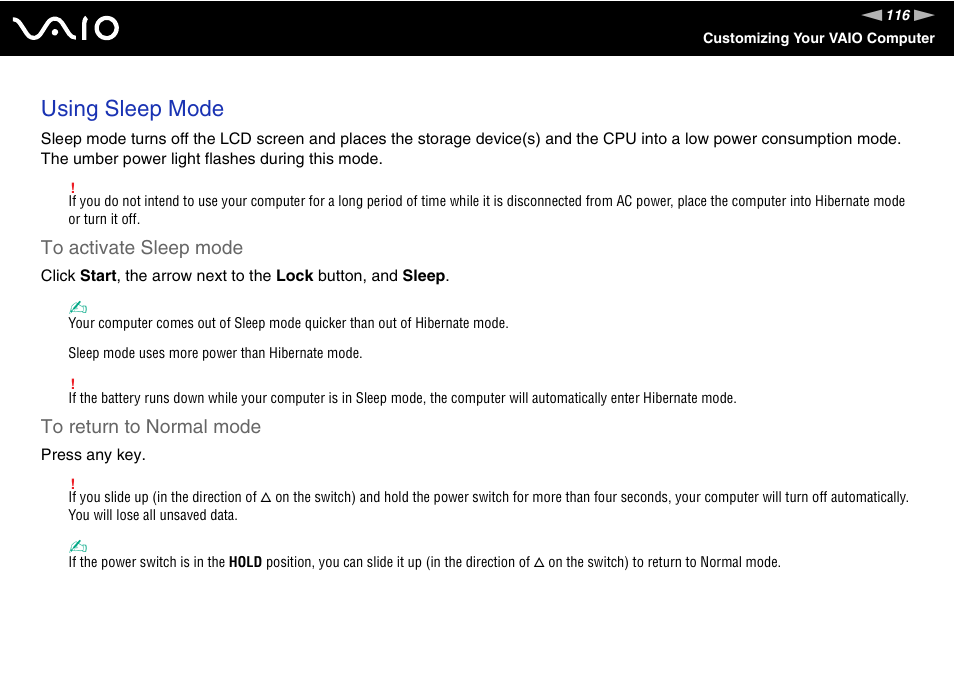 Using sleep mode | Sony VGN-UX490N User Manual | Page 116 / 196