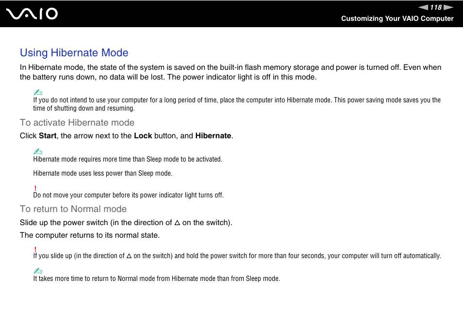 Using hibernate mode | Sony VGN-UX490N User Manual | Page 118 / 196