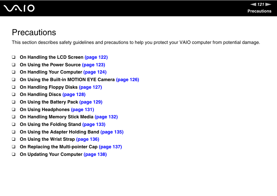 Precautions | Sony VGN-UX490N User Manual | Page 121 / 196