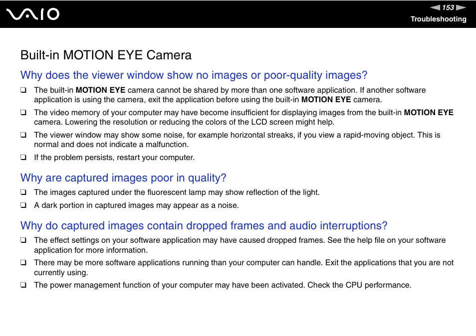 Built-in motion eye camera, Why are captured images poor in quality | Sony VGN-UX490N User Manual | Page 153 / 196