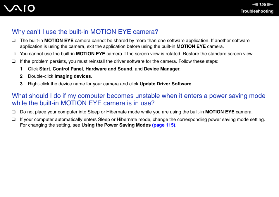 Why can't i use the built-in motion eye camera | Sony VGN-UX490N User Manual | Page 155 / 196