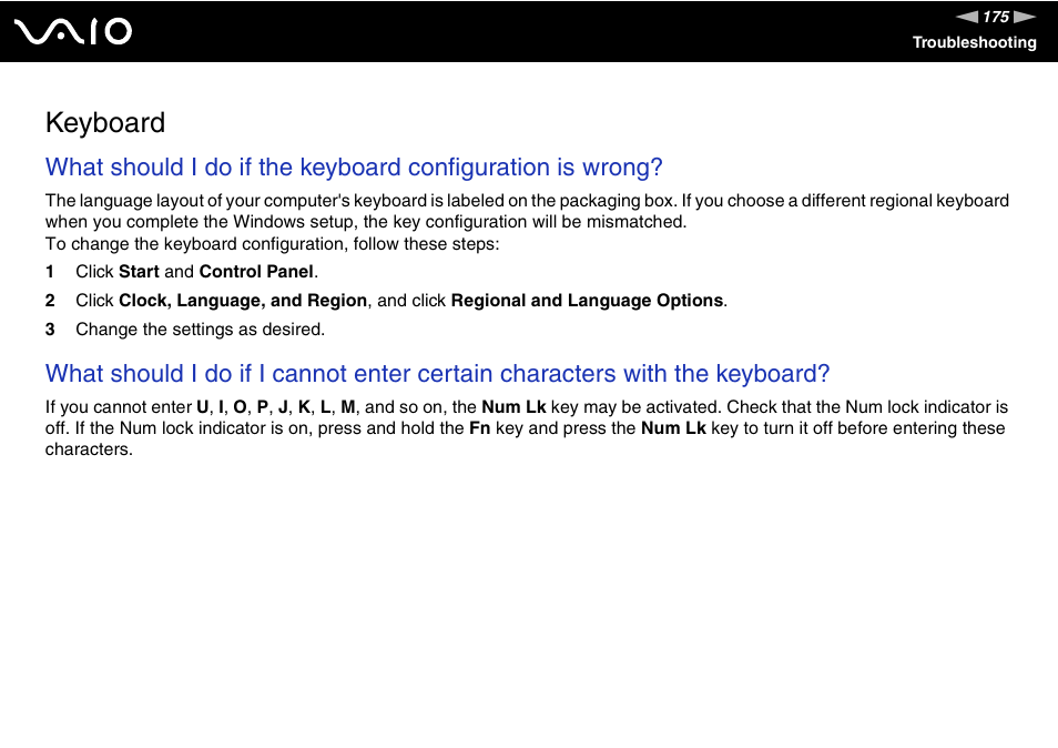 Keyboard | Sony VGN-UX490N User Manual | Page 175 / 196