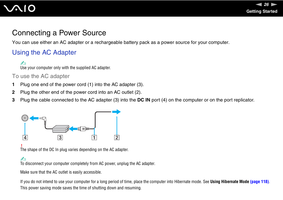 Connecting a power source, Using the ac adapter | Sony VGN-UX490N User Manual | Page 26 / 196