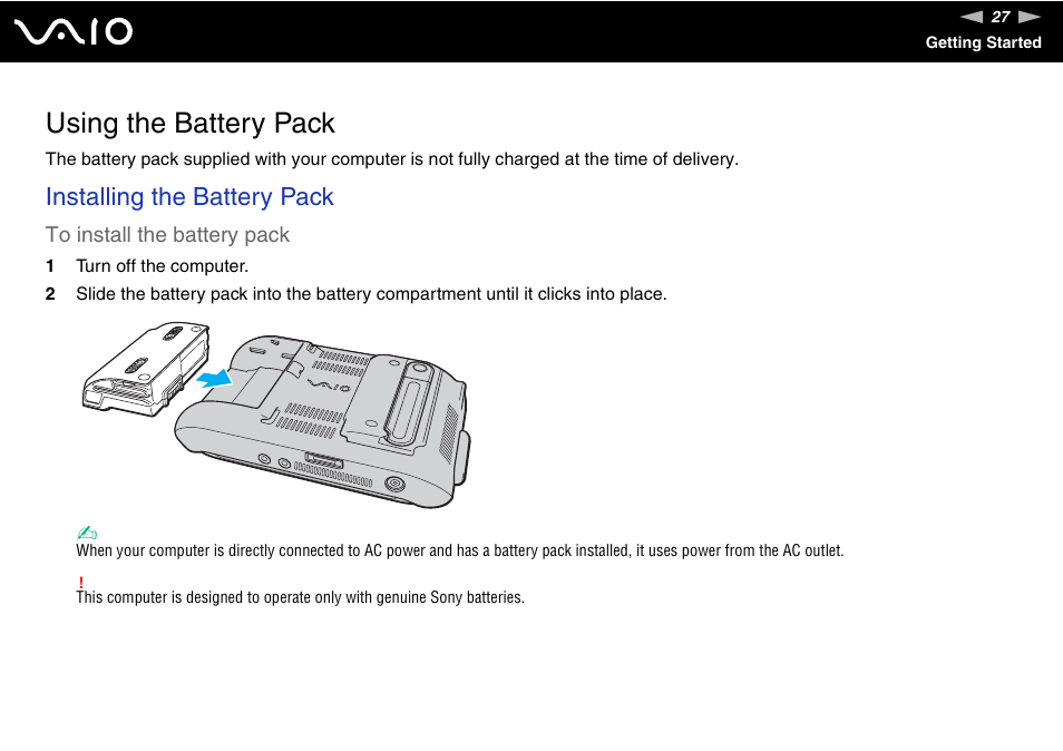 Using the battery pack, Installing the battery pack | Sony VGN-UX490N User Manual | Page 27 / 196