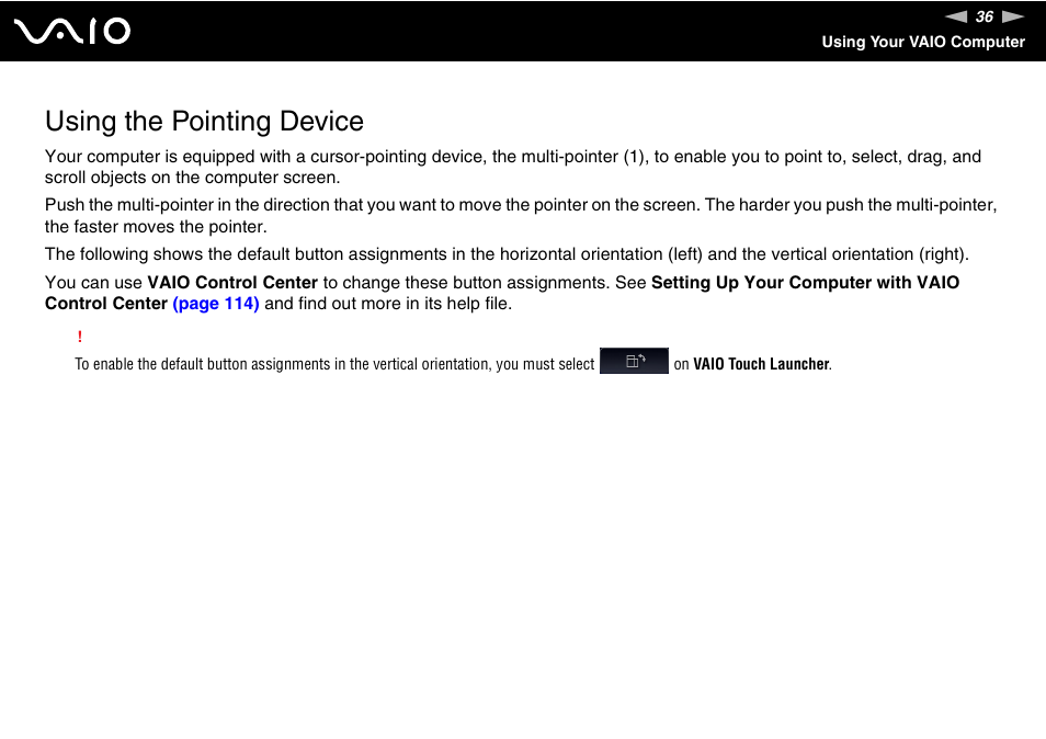 Using the pointing device | Sony VGN-UX490N User Manual | Page 36 / 196