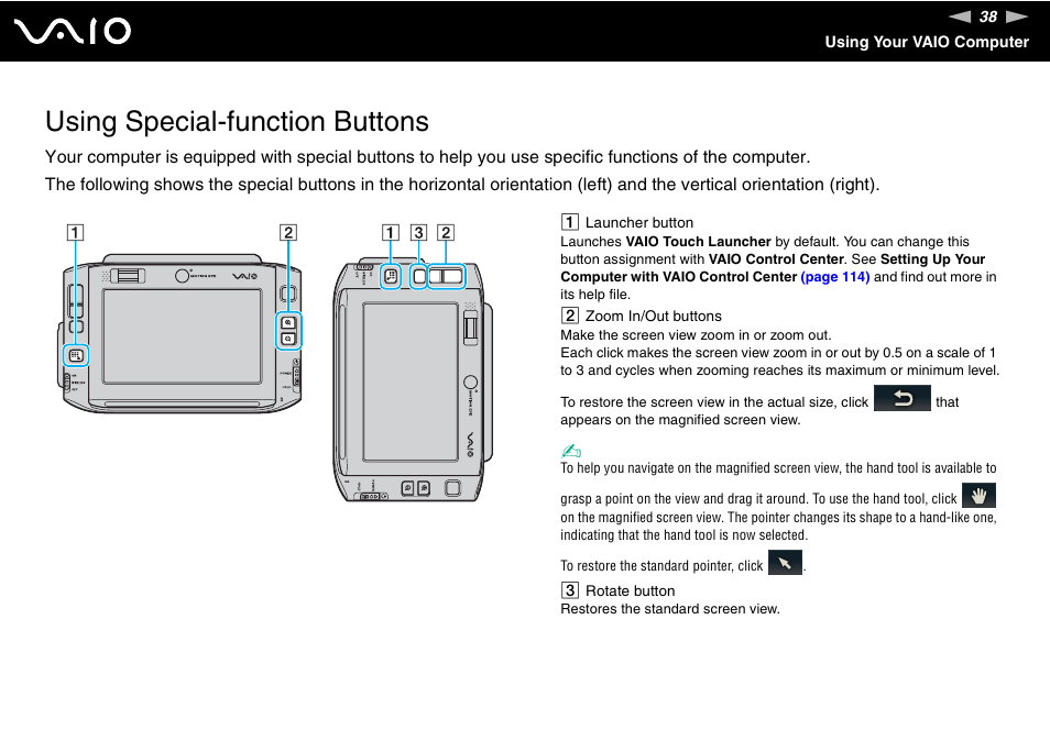 Using special-function buttons | Sony VGN-UX490N User Manual | Page 38 / 196