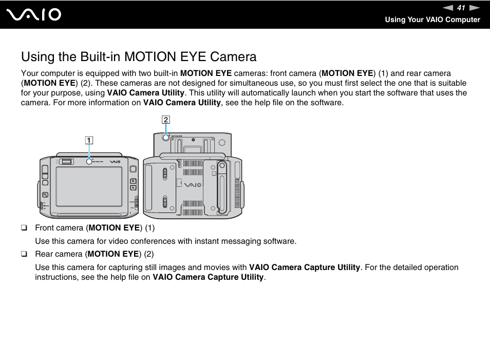 Using the built-in motion eye camera | Sony VGN-UX490N User Manual | Page 41 / 196