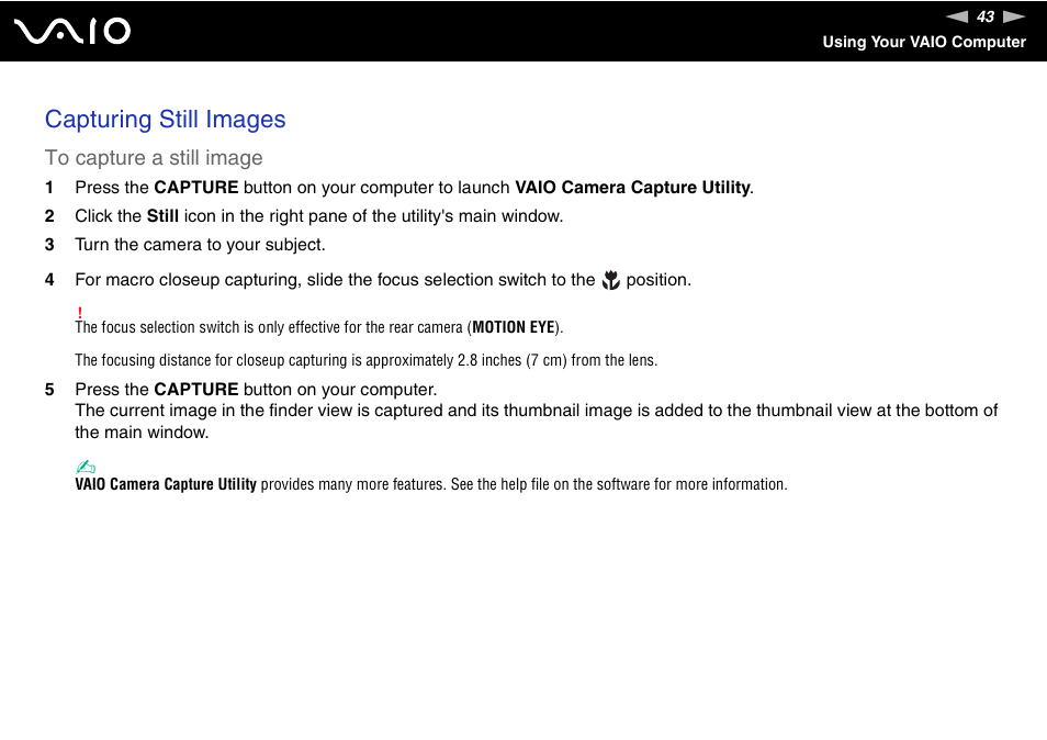 Capturing still images | Sony VGN-UX490N User Manual | Page 43 / 196