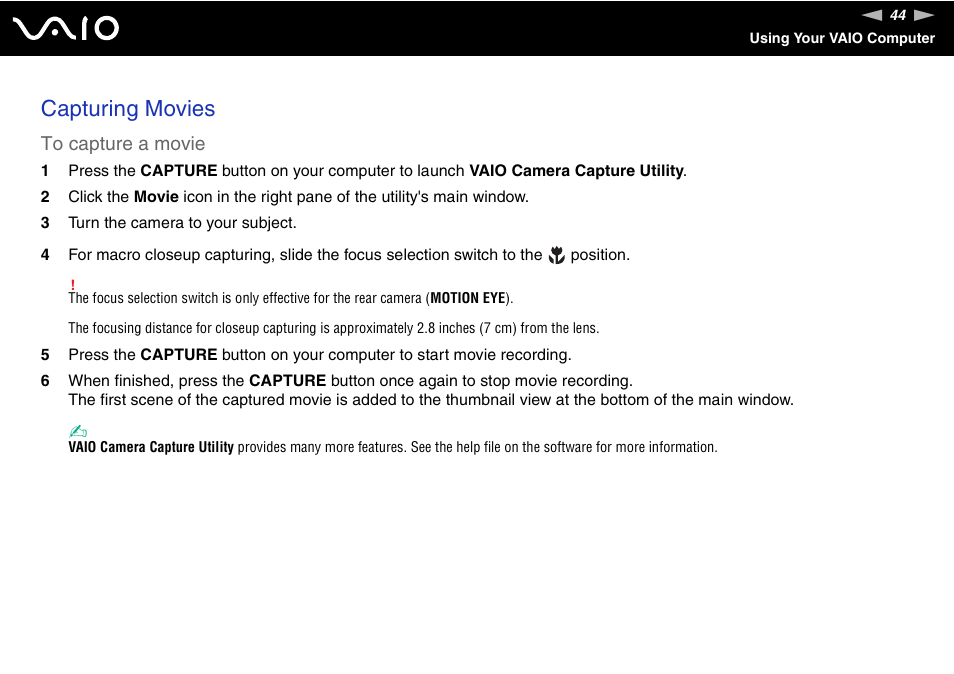 Capturing movies | Sony VGN-UX490N User Manual | Page 44 / 196