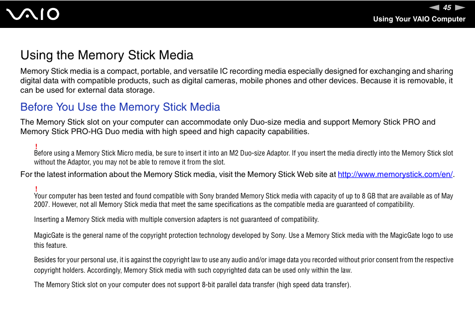 Using the memory stick media | Sony VGN-UX490N User Manual | Page 45 / 196