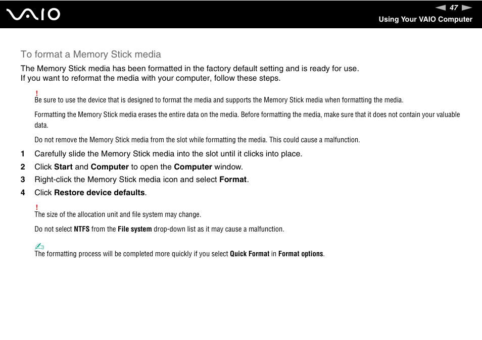 Sony VGN-UX490N User Manual | Page 47 / 196