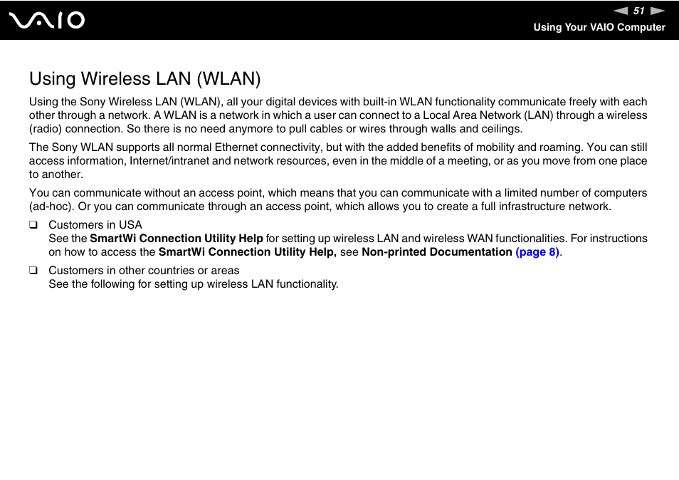 Using wireless lan (wlan), Lan) | Sony VGN-UX490N User Manual | Page 51 / 196