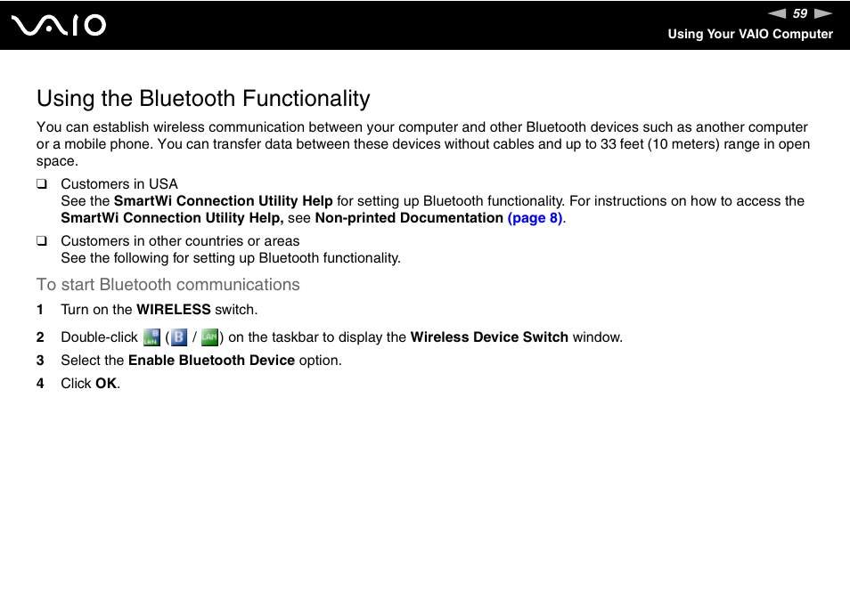 Using the bluetooth functionality | Sony VGN-UX490N User Manual | Page 59 / 196