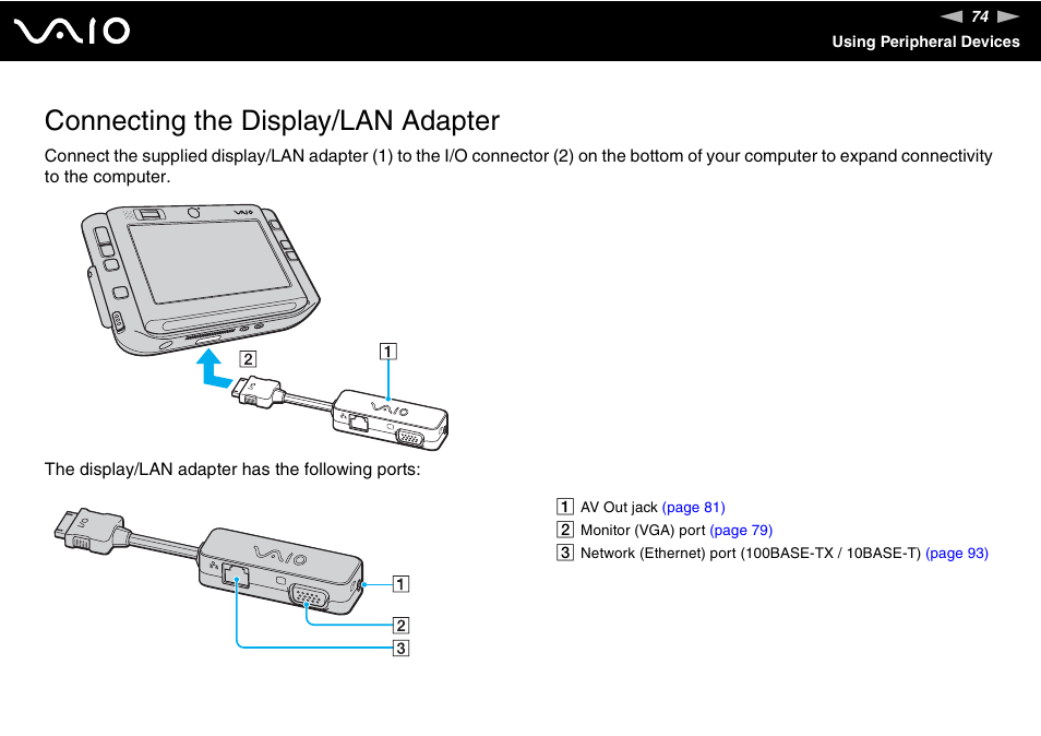 Connecting the display/lan adapter | Sony VGN-UX490N User Manual | Page 74 / 196