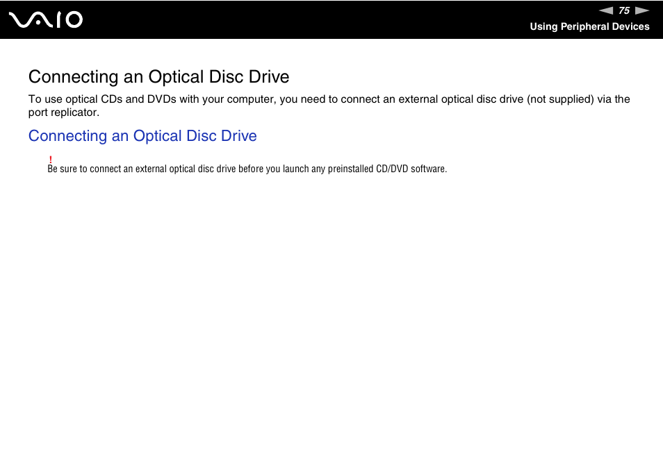 Connecting an optical disc drive | Sony VGN-UX490N User Manual | Page 75 / 196