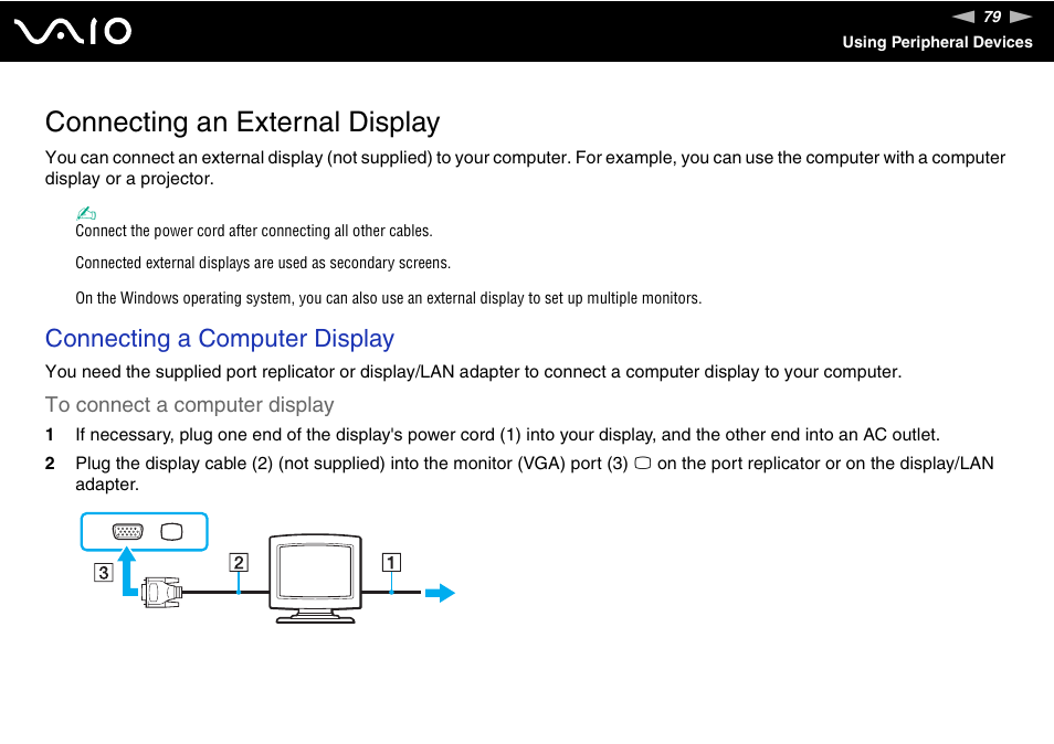 Connecting an external display, Connecting a computer display | Sony VGN-UX490N User Manual | Page 79 / 196