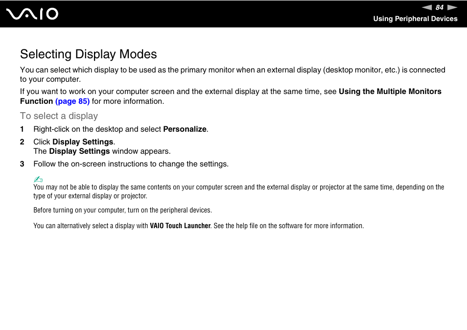 Selecting display modes | Sony VGN-UX490N User Manual | Page 84 / 196