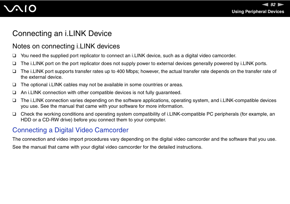 Connecting an i.link device, Connecting a digital video camcorder | Sony VGN-UX490N User Manual | Page 92 / 196