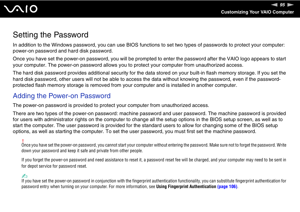 Setting the password, Adding the power-on password | Sony VGN-UX490N User Manual | Page 95 / 196