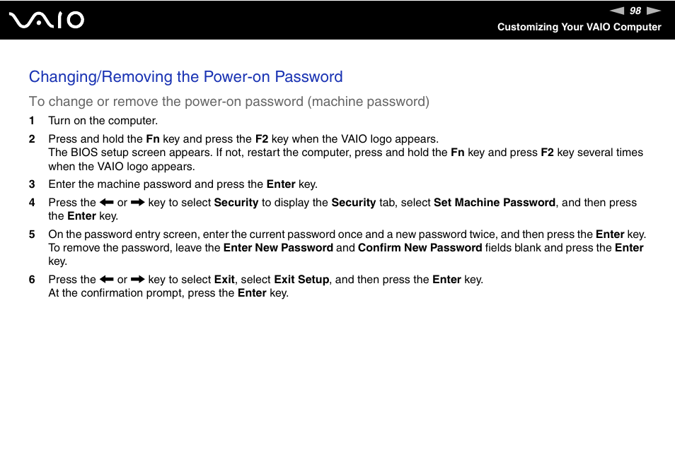 Changing/removing the power-on password | Sony VGN-UX490N User Manual | Page 98 / 196