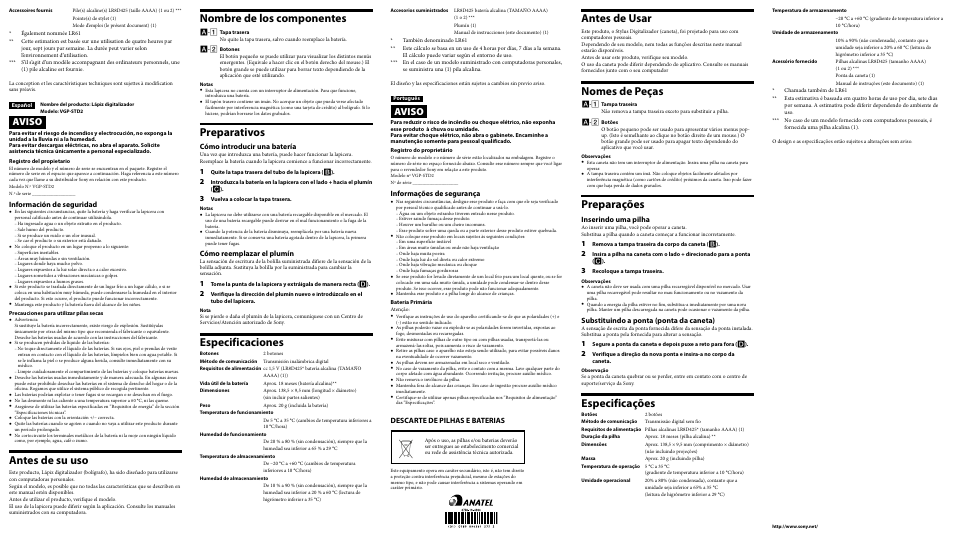 Nombre de los componentes, Preparativos, Especificaciones | Antes de usar, Nomes de peças, Preparações, Especificações, Antes de su uso, Aviso, Informações de segurança | Sony SVF13N17PXS User Manual | Page 2 / 2