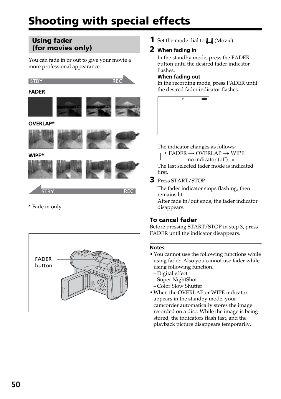 Shooting with special effects, Using fader (for movies only) | Sony DCR-DVD100 User Manual | Page 50 / 148