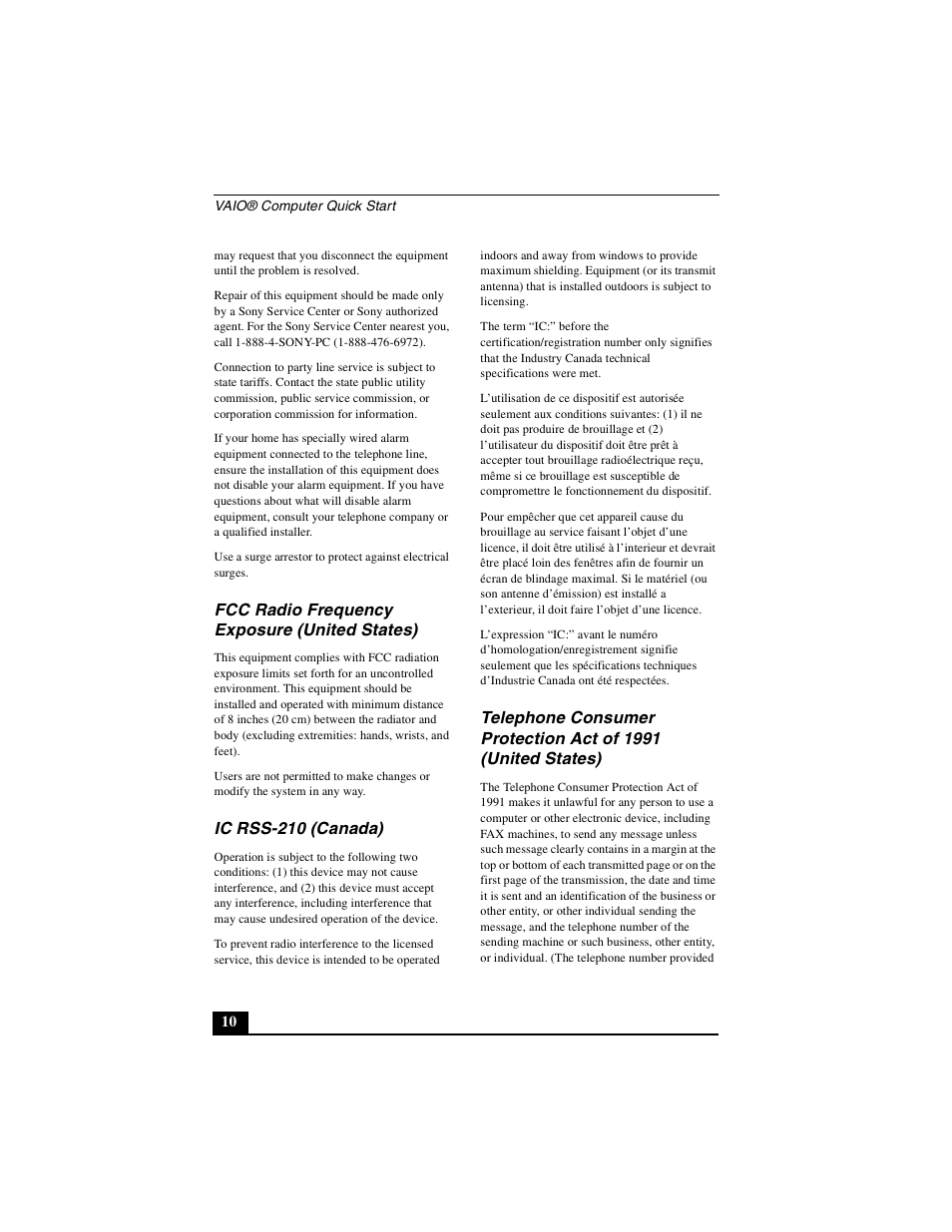 Fcc radio frequency exposure (united states), Ic rss-210 (canada) | Sony PCG-GRX700P User Manual | Page 10 / 68