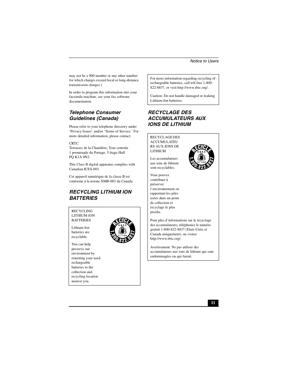 Telephone consumer guidelines (canada), Recycling lithium ion batteries, Recyclage des accumulateurs aux ions de lithium | Sony PCG-GRX700P User Manual | Page 11 / 68