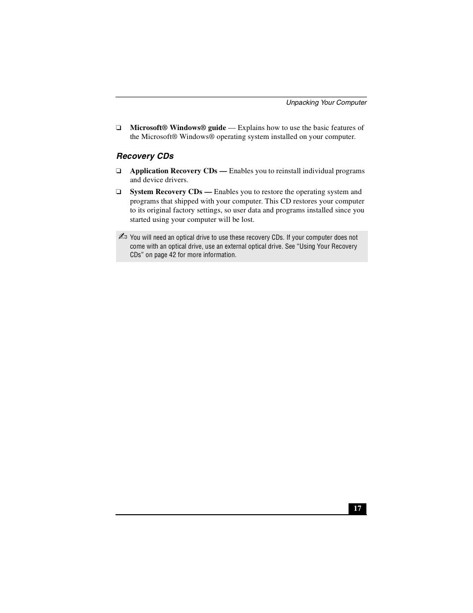 Recovery cds | Sony PCG-GRX700P User Manual | Page 17 / 68