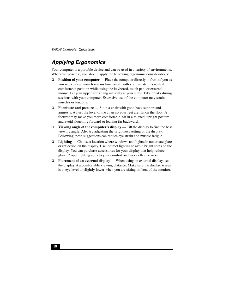 Applying ergonomics | Sony PCG-GRX700P User Manual | Page 18 / 68