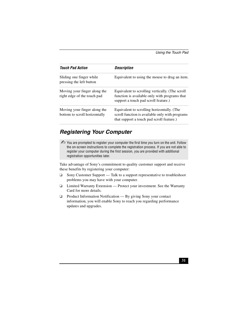 Registering your computer | Sony PCG-GRX700P User Manual | Page 31 / 68