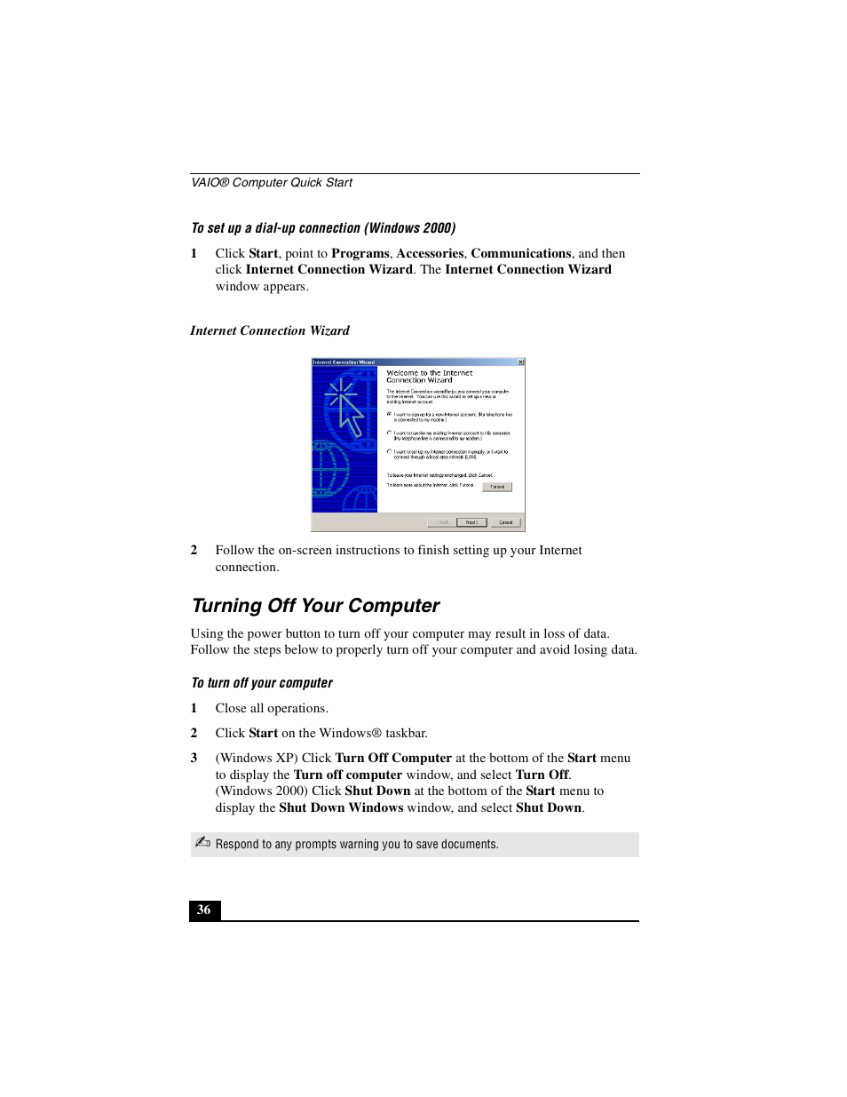 Turning off your computer | Sony PCG-GRX700P User Manual | Page 36 / 68