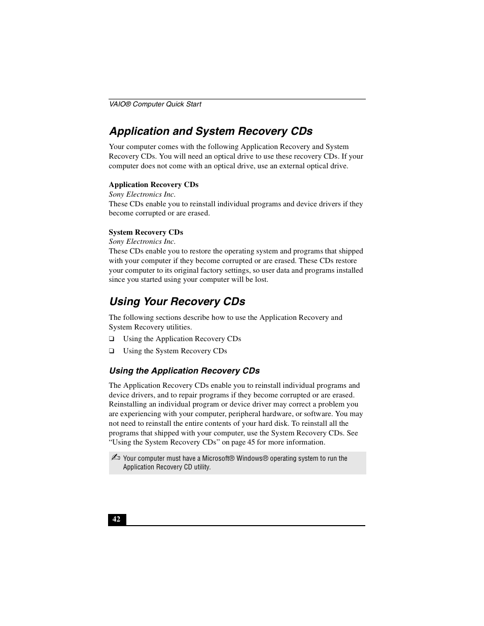 Application and system recovery cds, Using your recovery cds, Using the application recovery cds | Sony PCG-GRX700P User Manual | Page 42 / 68