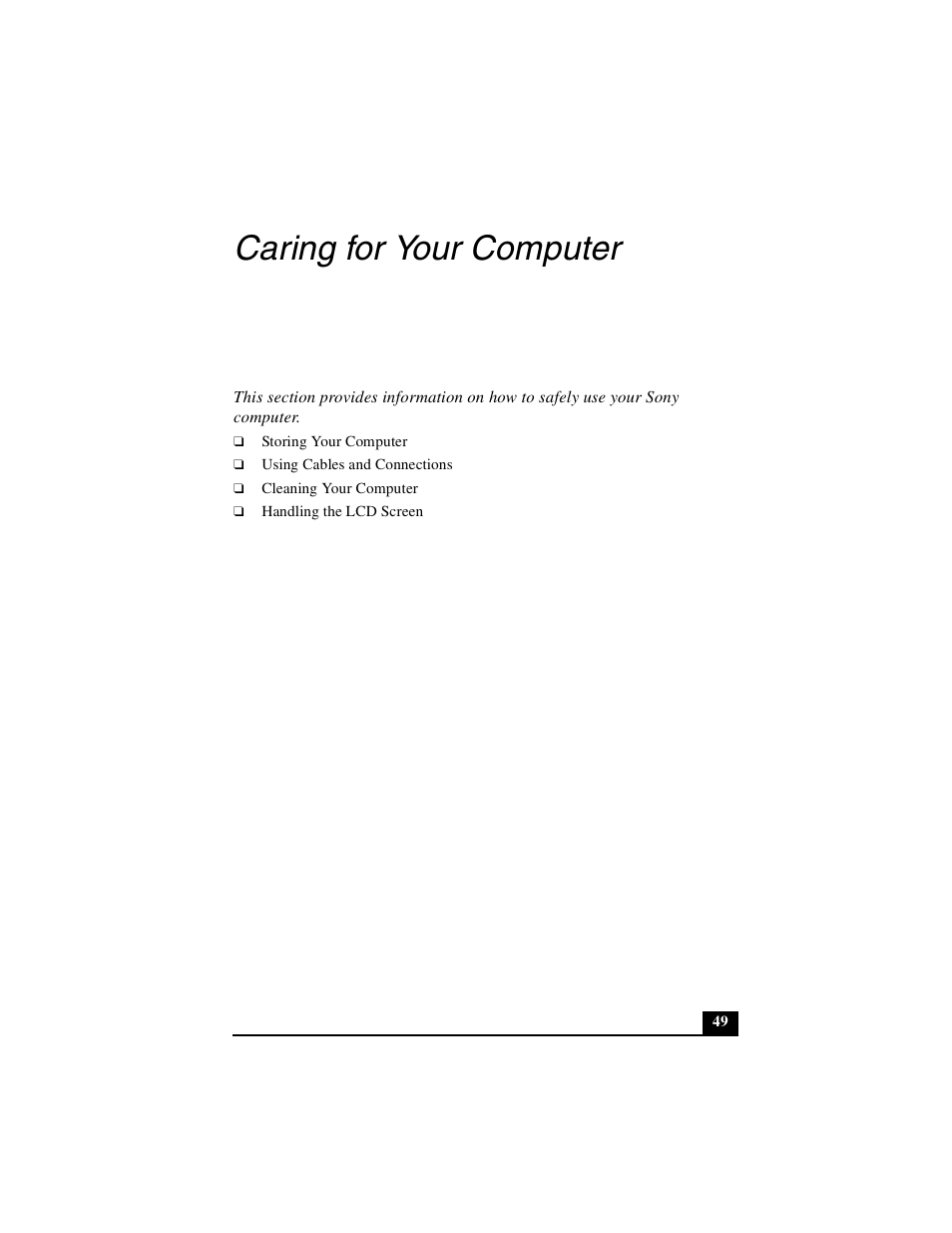 Caring for your computer | Sony PCG-GRX700P User Manual | Page 49 / 68